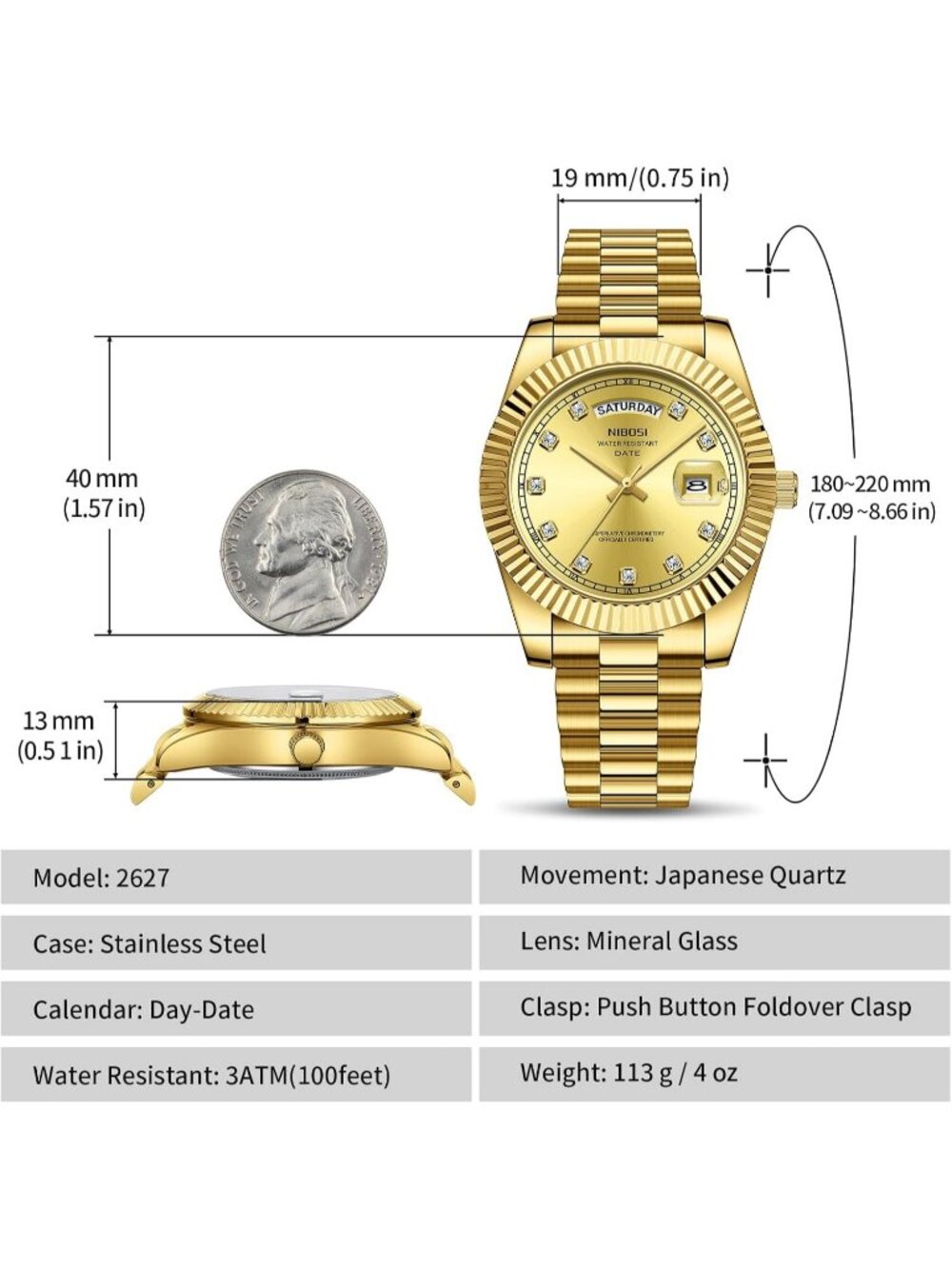 Nibosi Men's Gold Analog Quartz Stainless Dimond Waterproof Desiger Wrist Watch - Picture 3 of 6